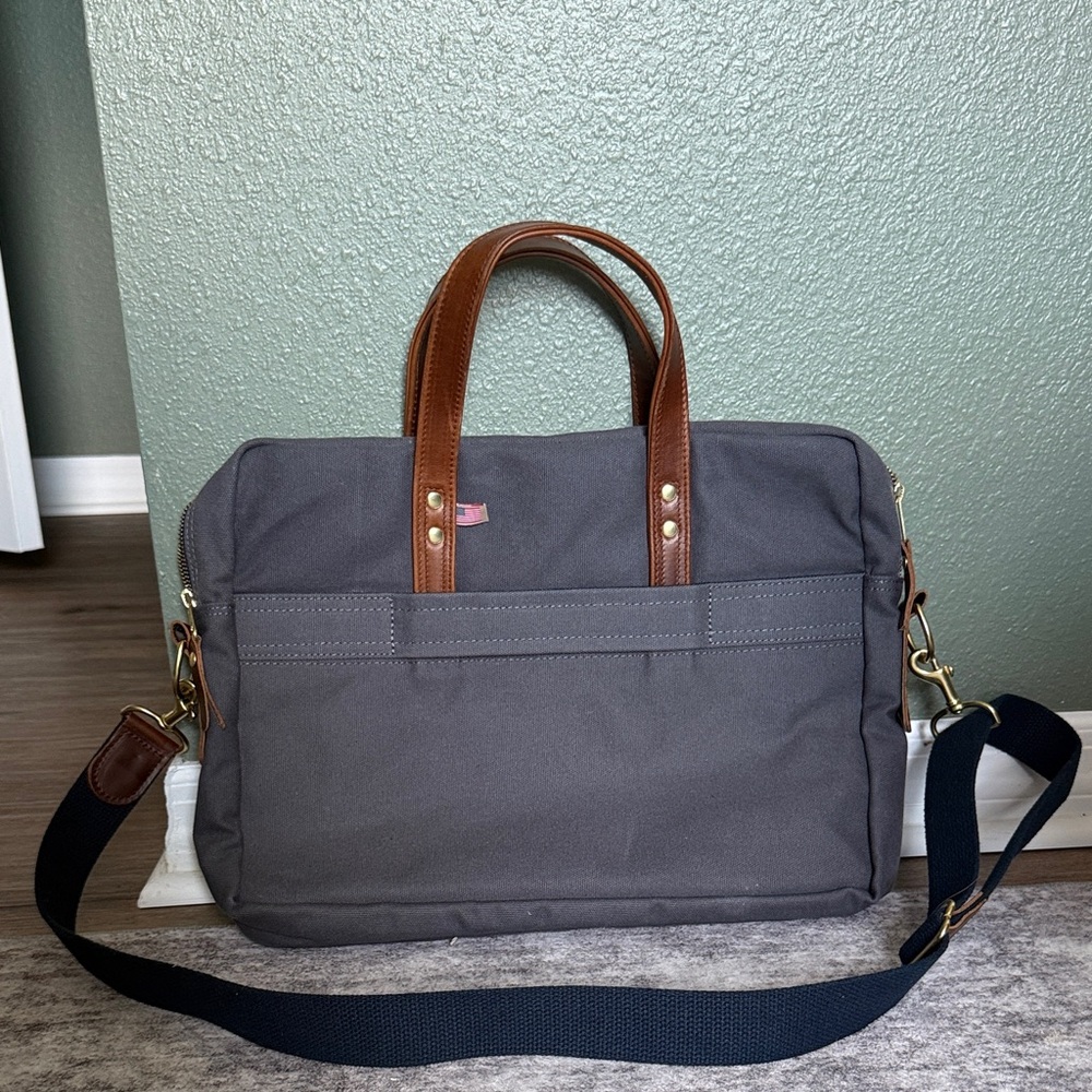 Gray Canvas Laptop Briefcase with Brown Leather Handles